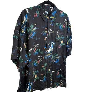 Vintage Hawaiian Shirt Men’s Black Sailboat Palm Tree Tropical Floral Aloha XL